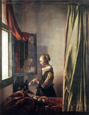 Moça lendo uma carta à janela, c. 1658, por Johannes Vermeer. Óleo sobre tela, 83 x 64,5 cm. Staatliche Kunstsammlungen, Dresden. Moça lendo uma carta à janela, c. 1658, por Johannes Vermeer. Óleo sobre tela, 83 x 64,5 cm. Staatliche Kunstsammlungen, Dresden.